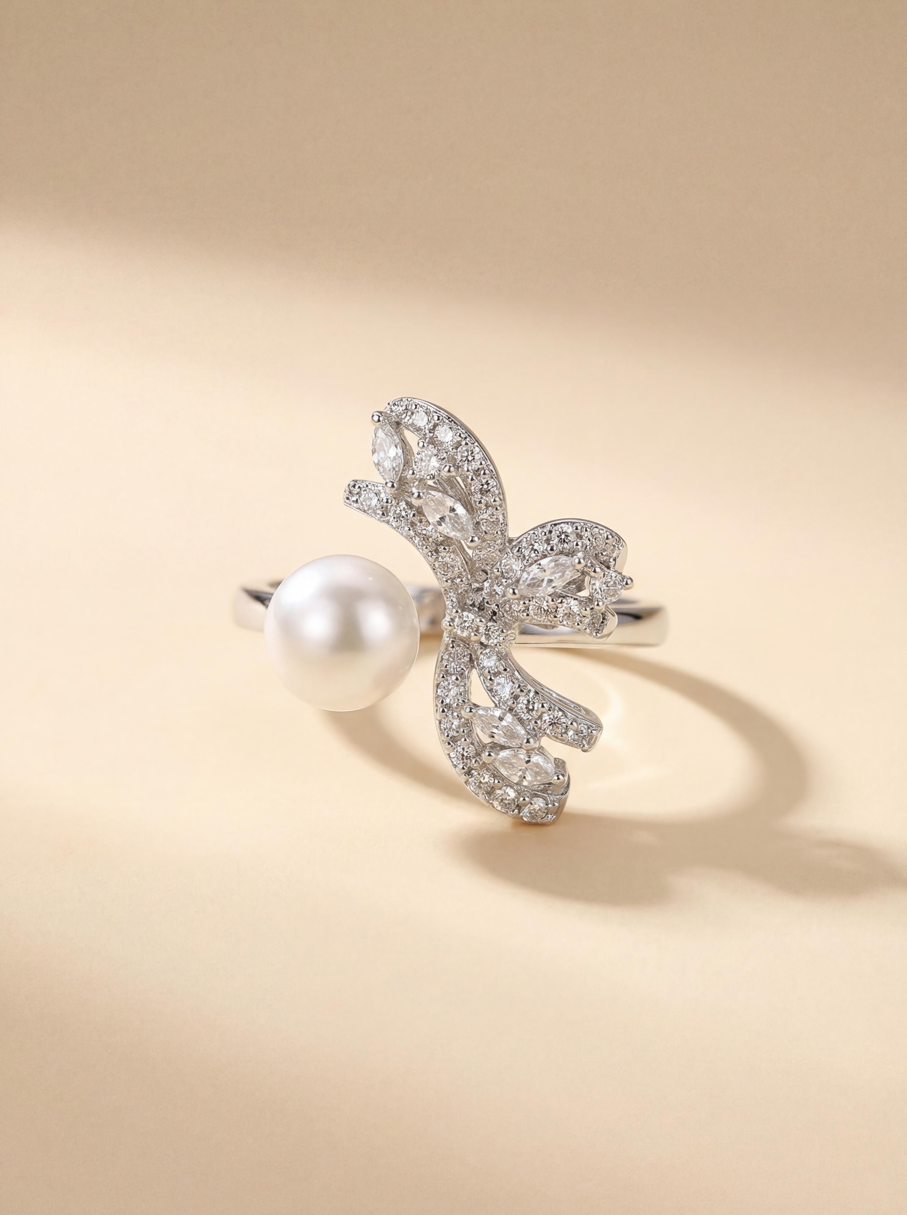 Wild Freshwater Pearl Butterfly Ring with Cubic Zirconia Accents