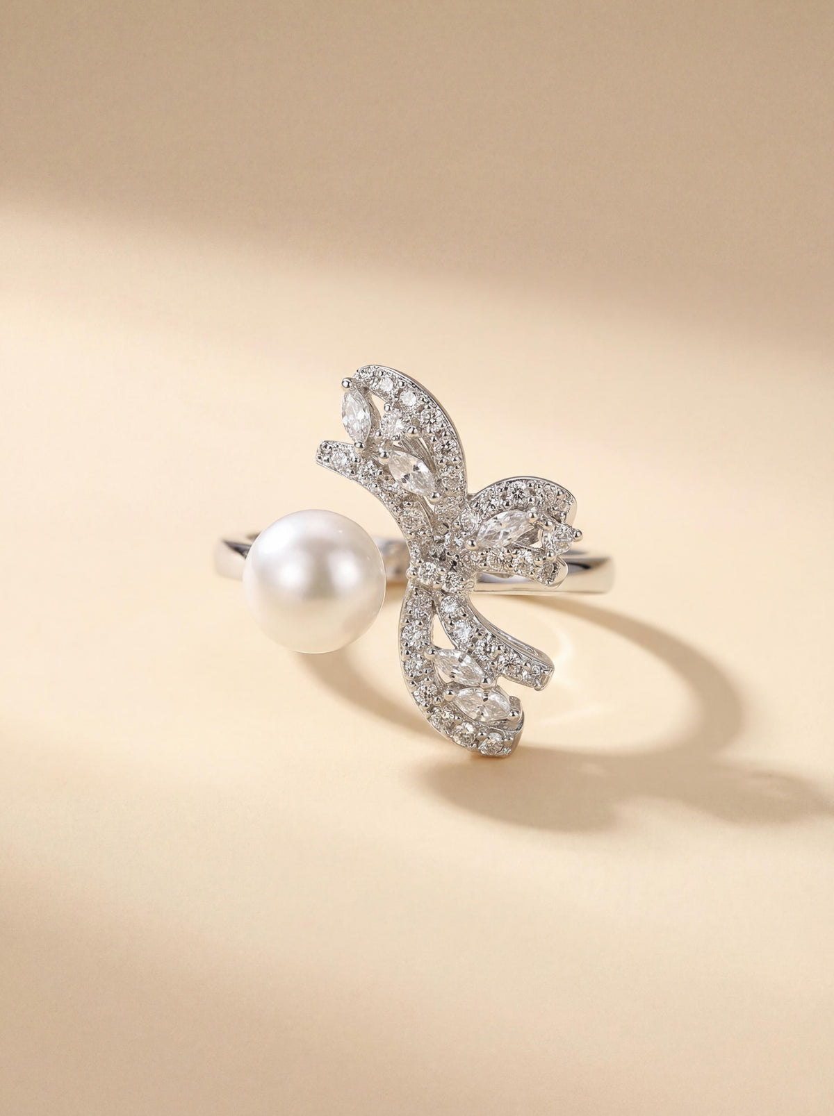Wild Freshwater Pearl Butterfly Ring with Cubic Zirconia Accents
