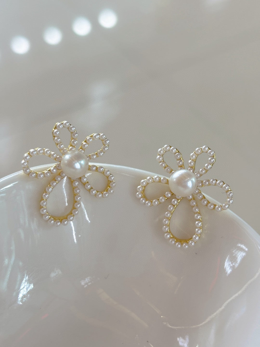 Spring Whisper Floral Pearl Earrings - Wild Freshwater Pearl & Gold-Tone Blossom Studs