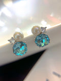 Dewdrop Orbit Pearl Earrings - Iridescent Moissanite Studs for Effortless Elegance Blue