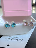 Dewdrop Orbit Pearl Earrings - Iridescent Moissanite Studs for Effortless Elegance Pink