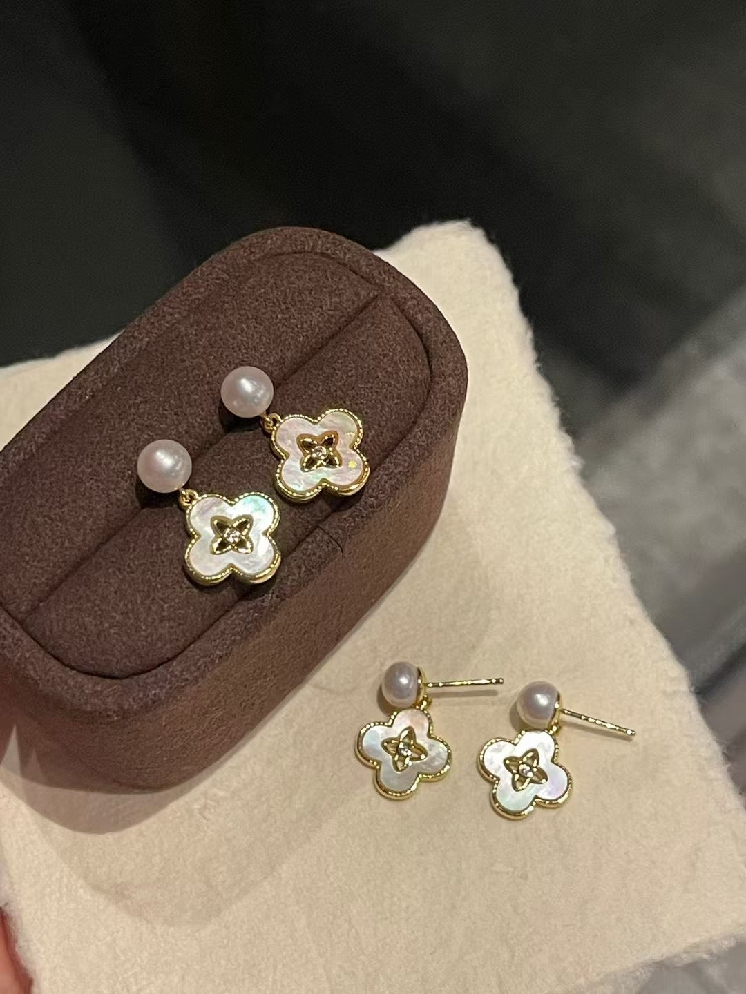 Luminous Clover Pearl Drop Earrings: Freshwater Pearls & Mother of Pearl
