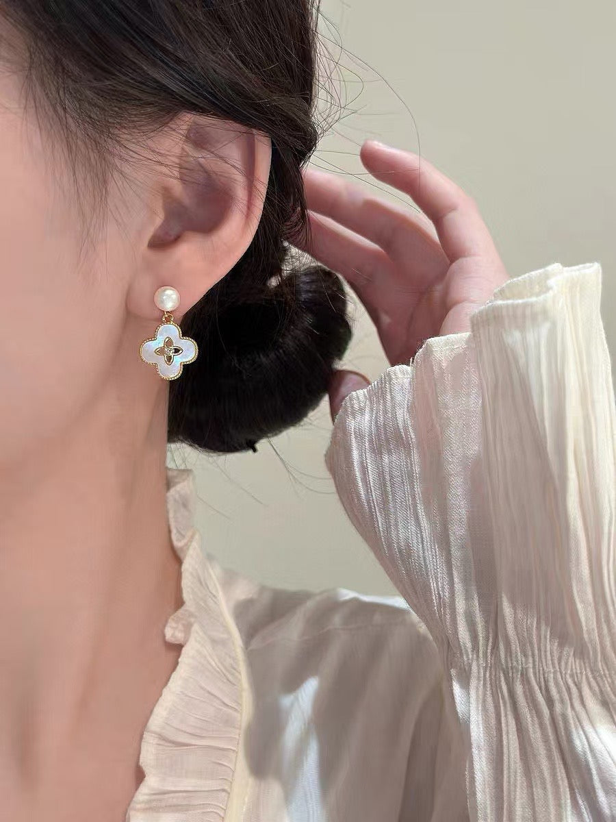 Luminous Clover Pearl Drop Earrings: Freshwater Pearls & Mother of Pearl