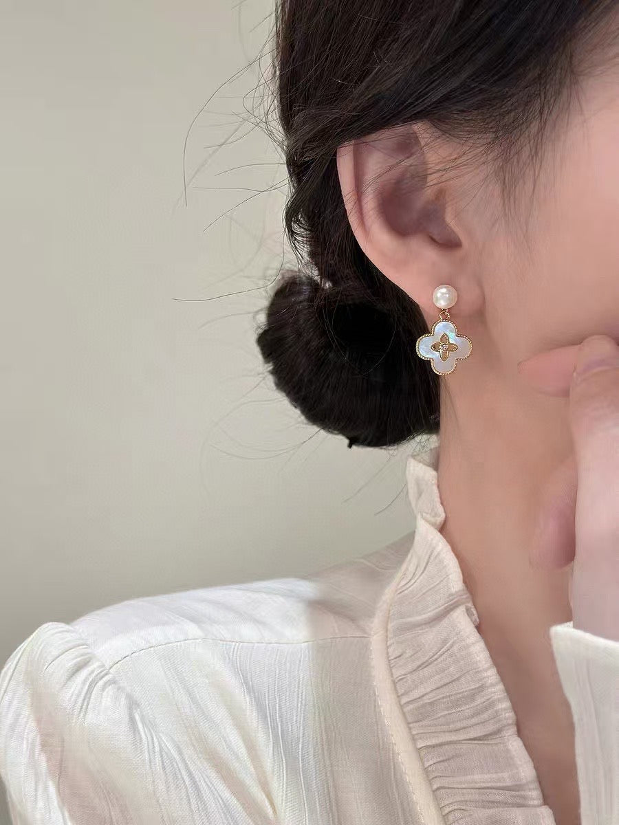 Luminous Clover Pearl Drop Earrings: Freshwater Pearls & Mother of Pearl