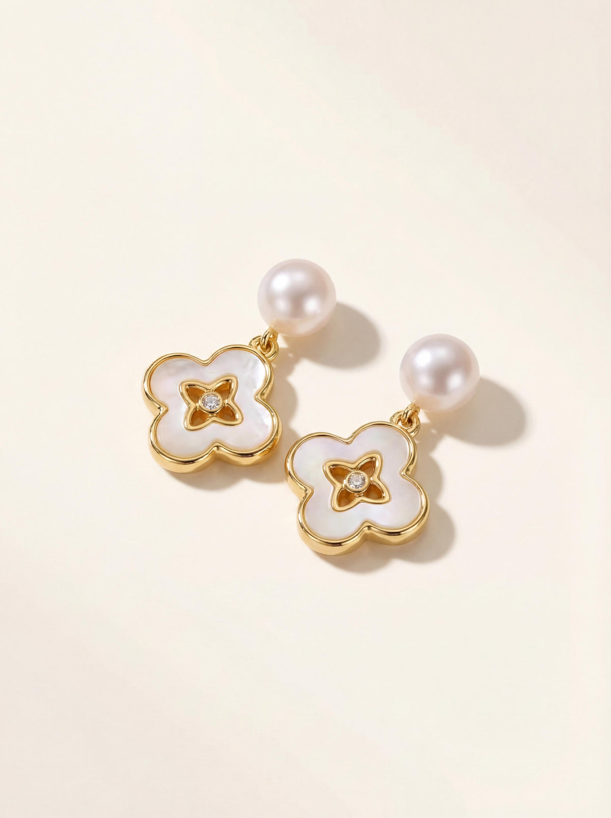 Luminous Clover Pearl Drop Earrings: Freshwater Pearls & Mother of Pearl