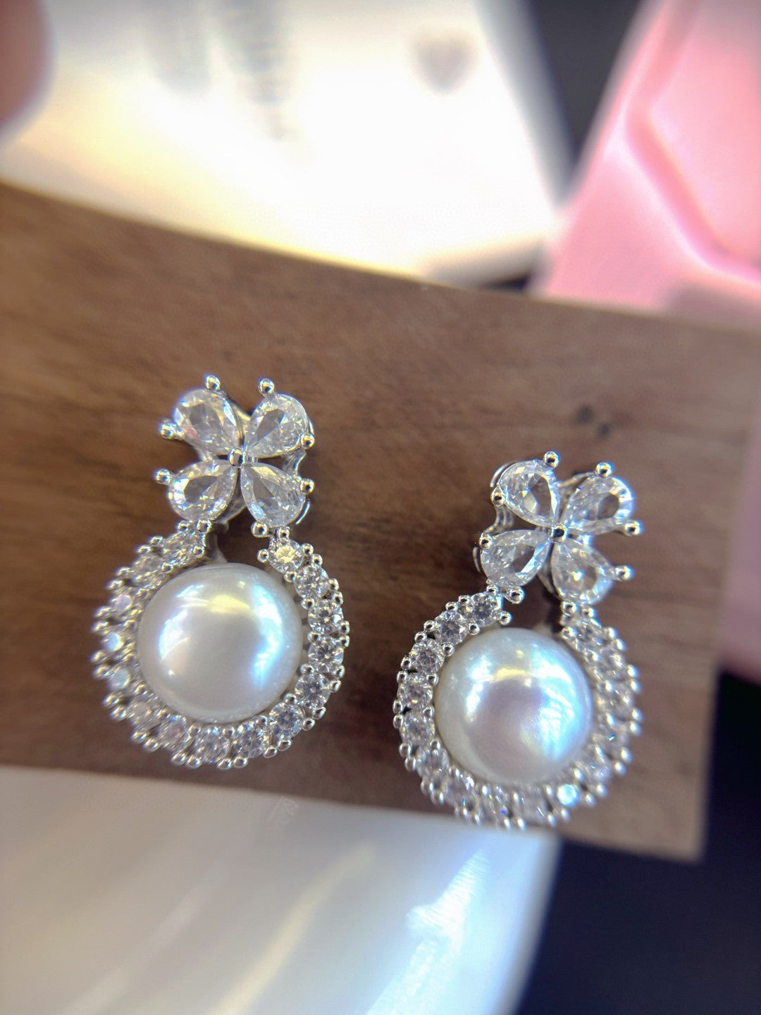 Winter Frost Pearl Stud Earrings - Natural Freshwater Pearls with Diamond Accents