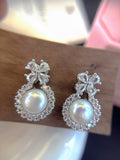 Winter Frost Pearl Stud Earrings - Natural Freshwater Pearls with Diamond Accents