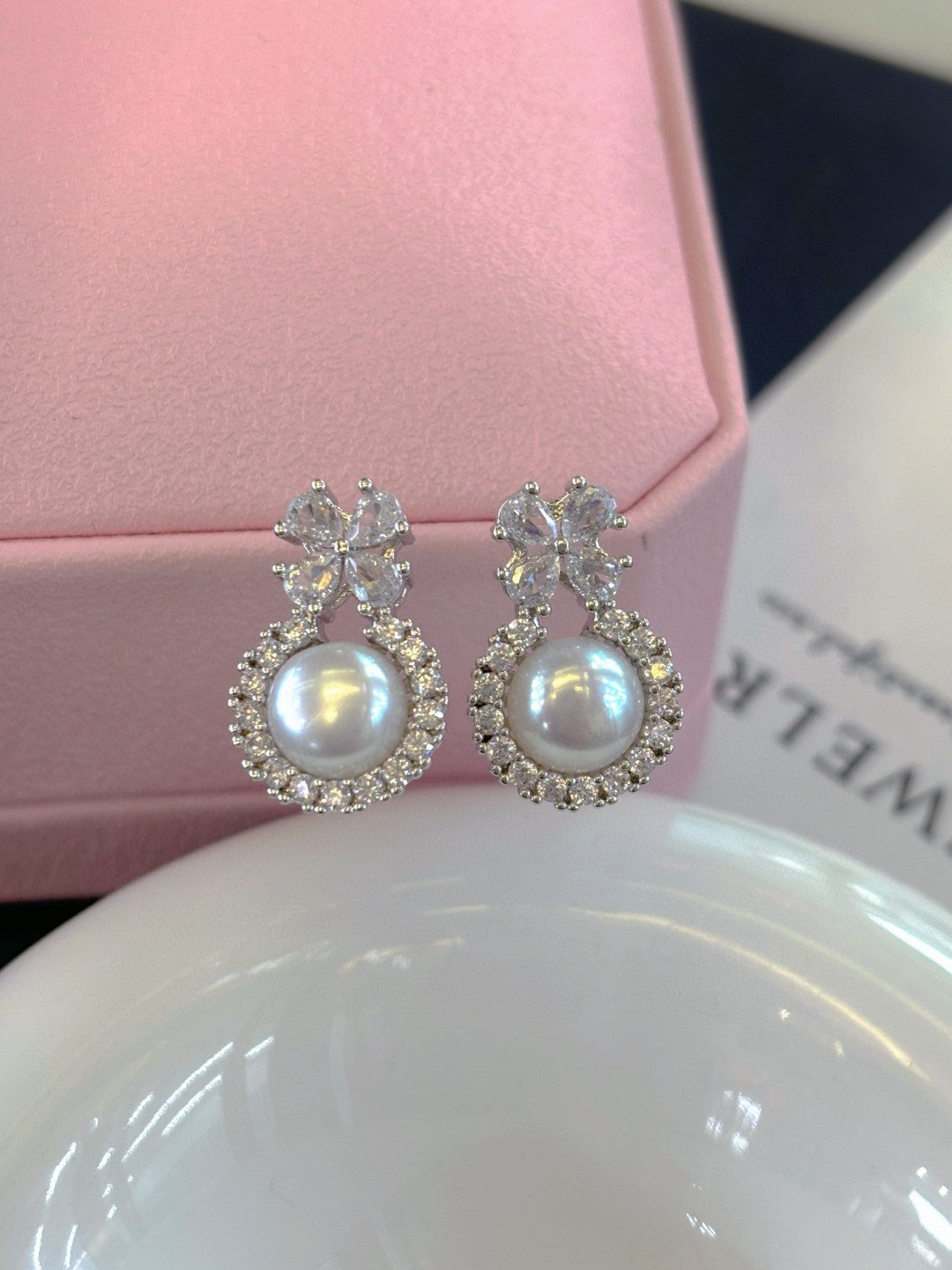 Winter Frost Pearl Stud Earrings - Natural Freshwater Pearls with Diamond Accents