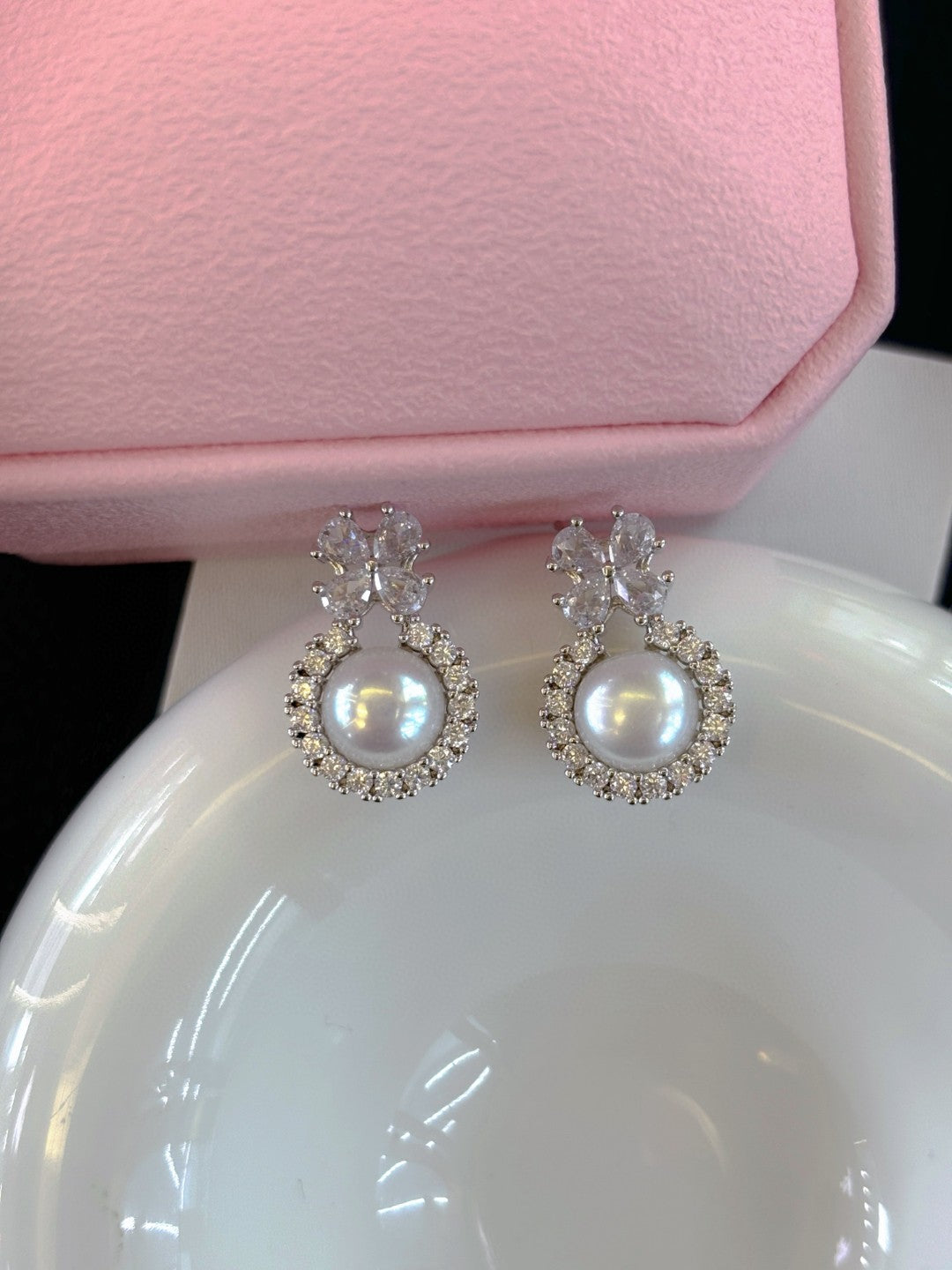 Winter Frost Pearl Stud Earrings - Natural Freshwater Pearls with Diamond Accents
