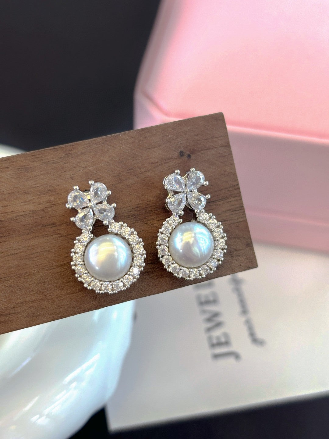 Winter Frost Pearl Stud Earrings - Natural Freshwater Pearls with Diamond Accents