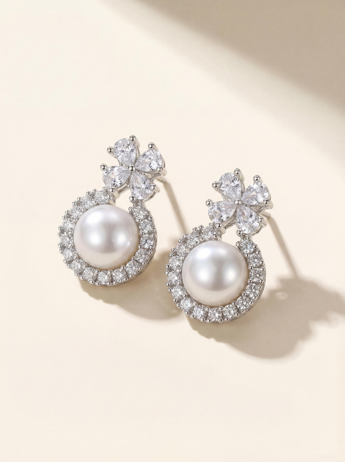 Winter Frost Pearl Stud Earrings - Natural Freshwater Pearls with Diamond Accents
