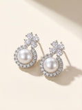 Winter Frost Pearl Stud Earrings - Natural Freshwater Pearls with Diamond Accents