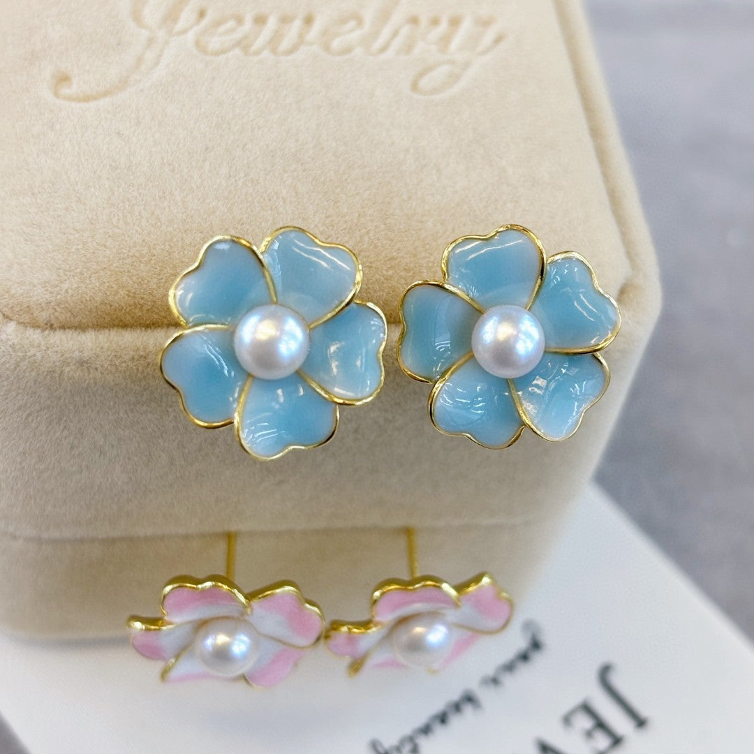 Breathing Cherry Blossom Pearl Drop Earrings Blue