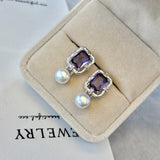 Maillard Pearl Stud Earrings - Geometric Sugar Hollow Design with Ice-Blue Accents