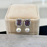 Maillard Pearl Stud Earrings - Geometric Sugar Hollow Design with Ice-Blue Accents