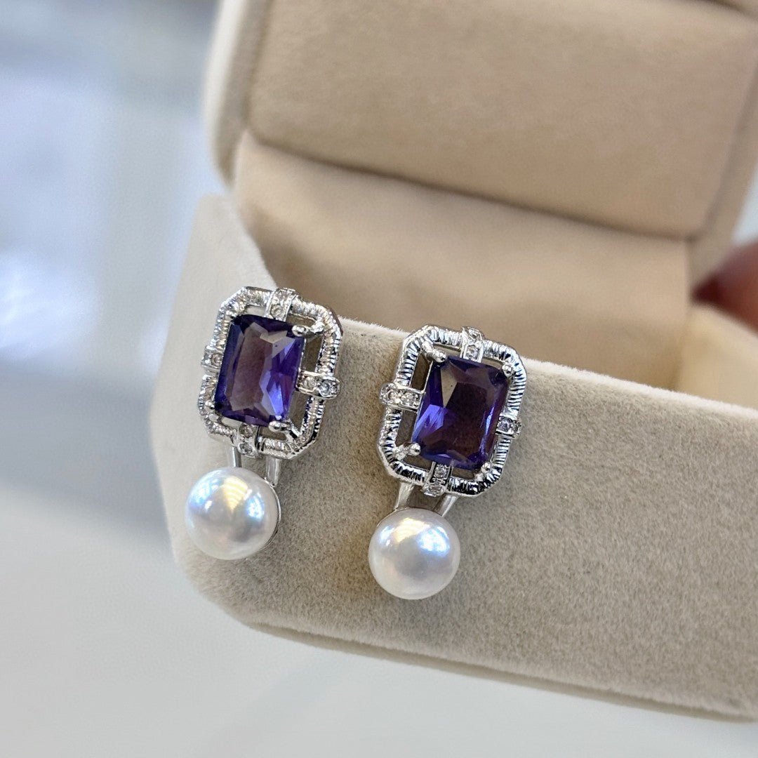 Maillard Pearl Stud Earrings - Geometric Sugar Hollow Design with Ice-Blue Accents
