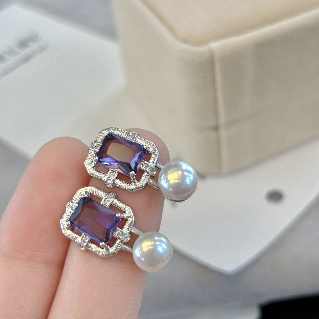 Maillard Pearl Stud Earrings - Geometric Sugar Hollow Design with Ice-Blue Accents