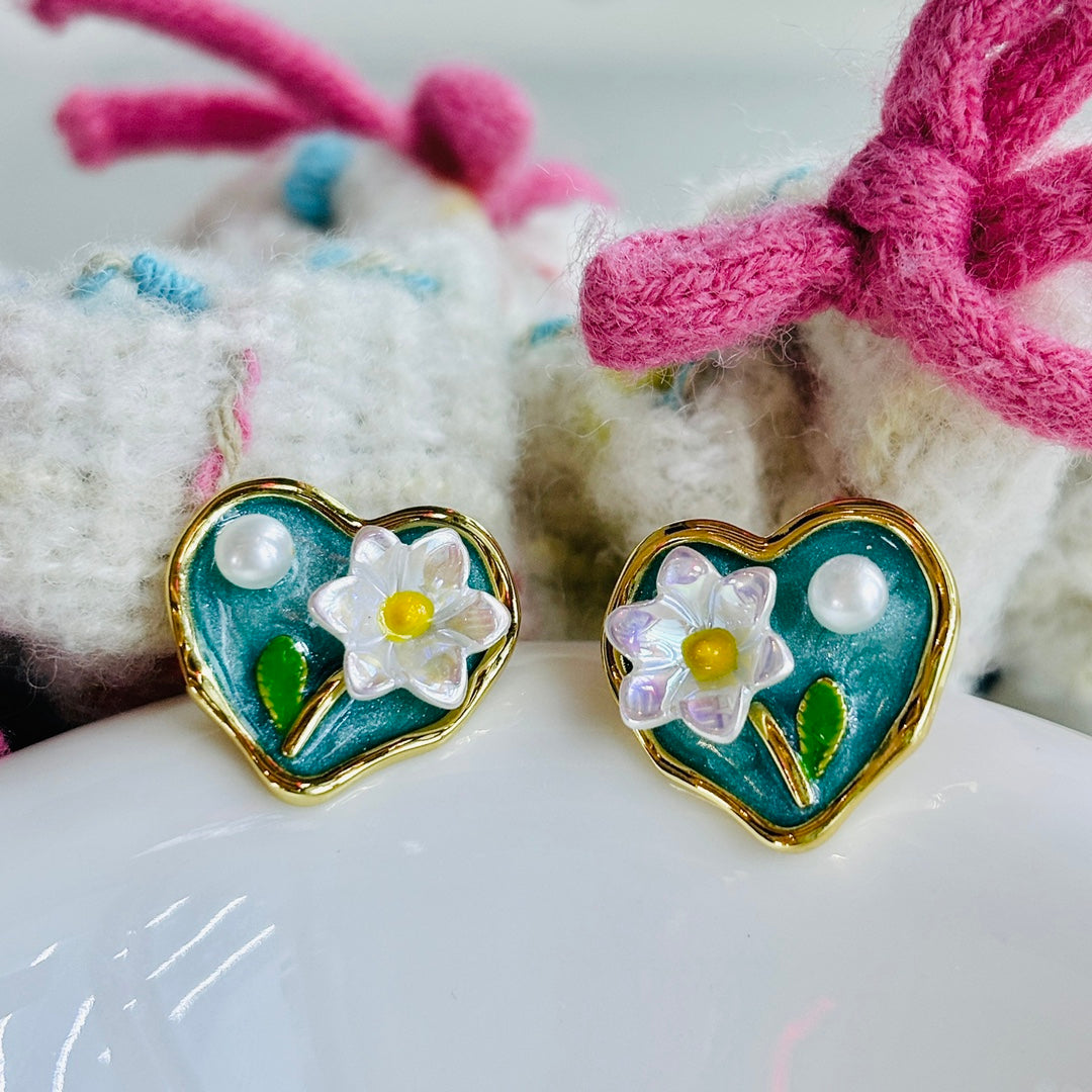 Wild Freshwater Pearl Heart Earrings | Vintage French Romance | Limited Edition Green