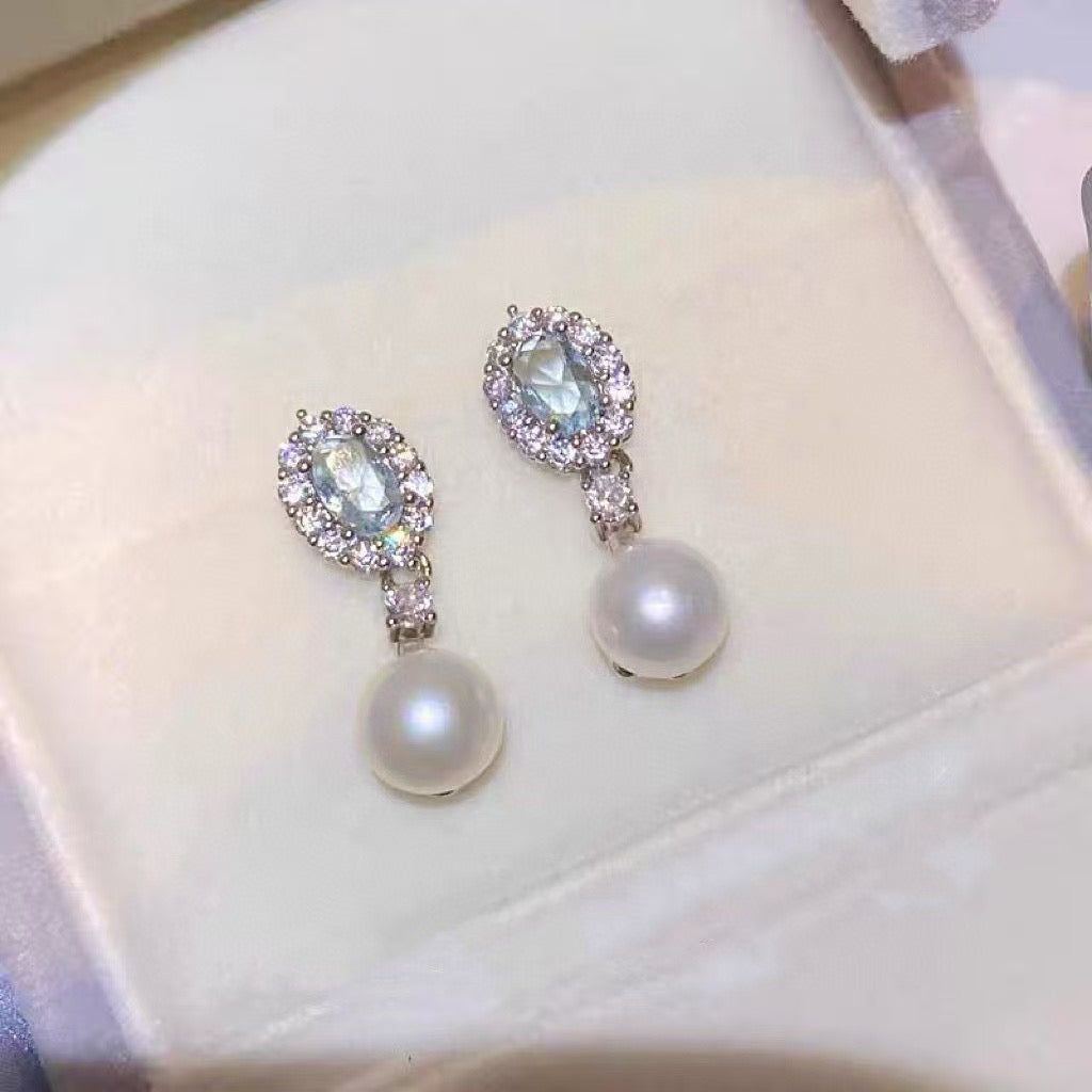 Ocean Whispers: Vintage Blue Topaz & Freshwater Pearl Drop Earrings