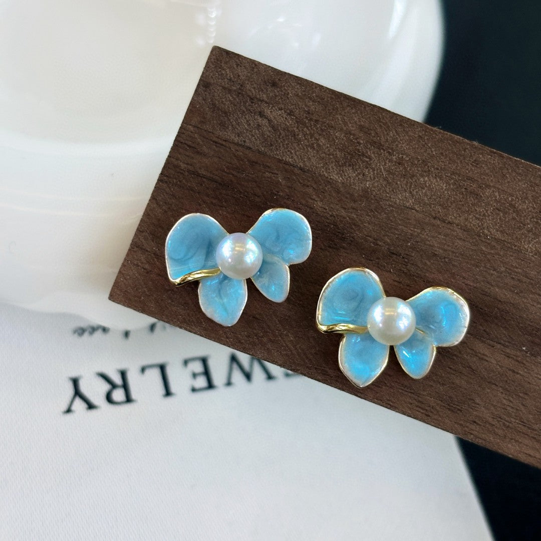 Spring Whispers Butterfly Enamel Pearl Stud Earrings