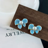 Spring Whispers Butterfly Enamel Pearl Stud Earrings