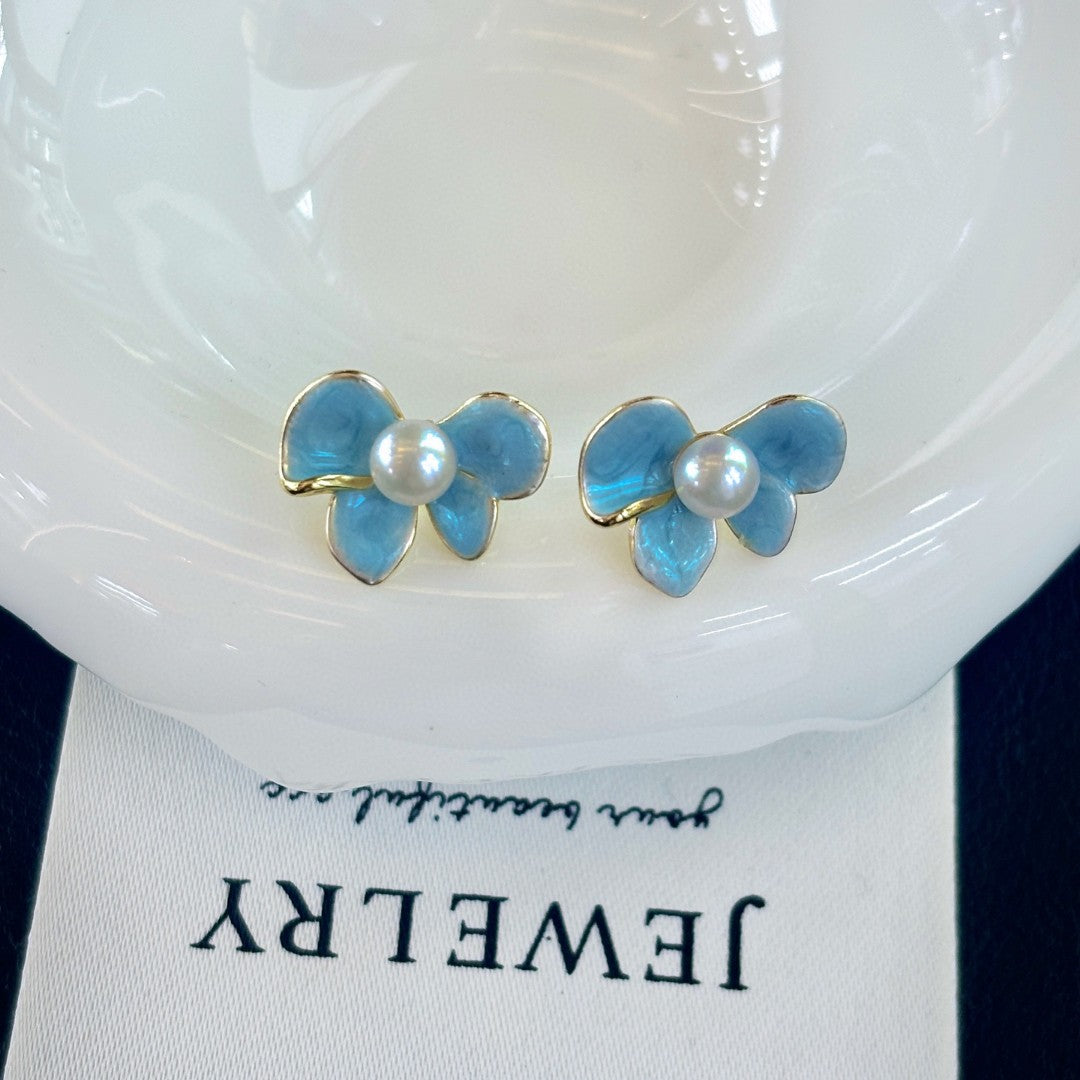 Spring Whispers Butterfly Enamel Pearl Stud Earrings