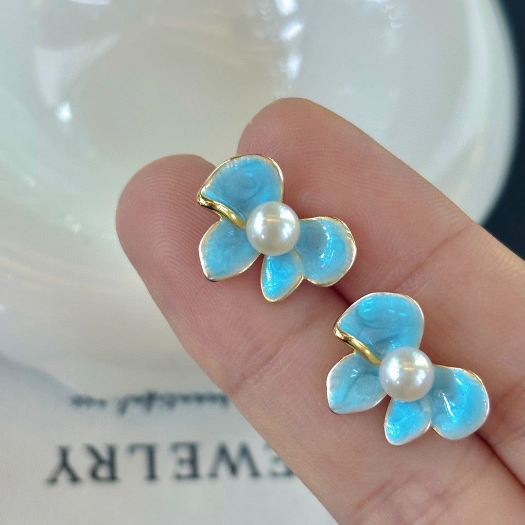 Spring Whispers Butterfly Enamel Pearl Stud Earrings