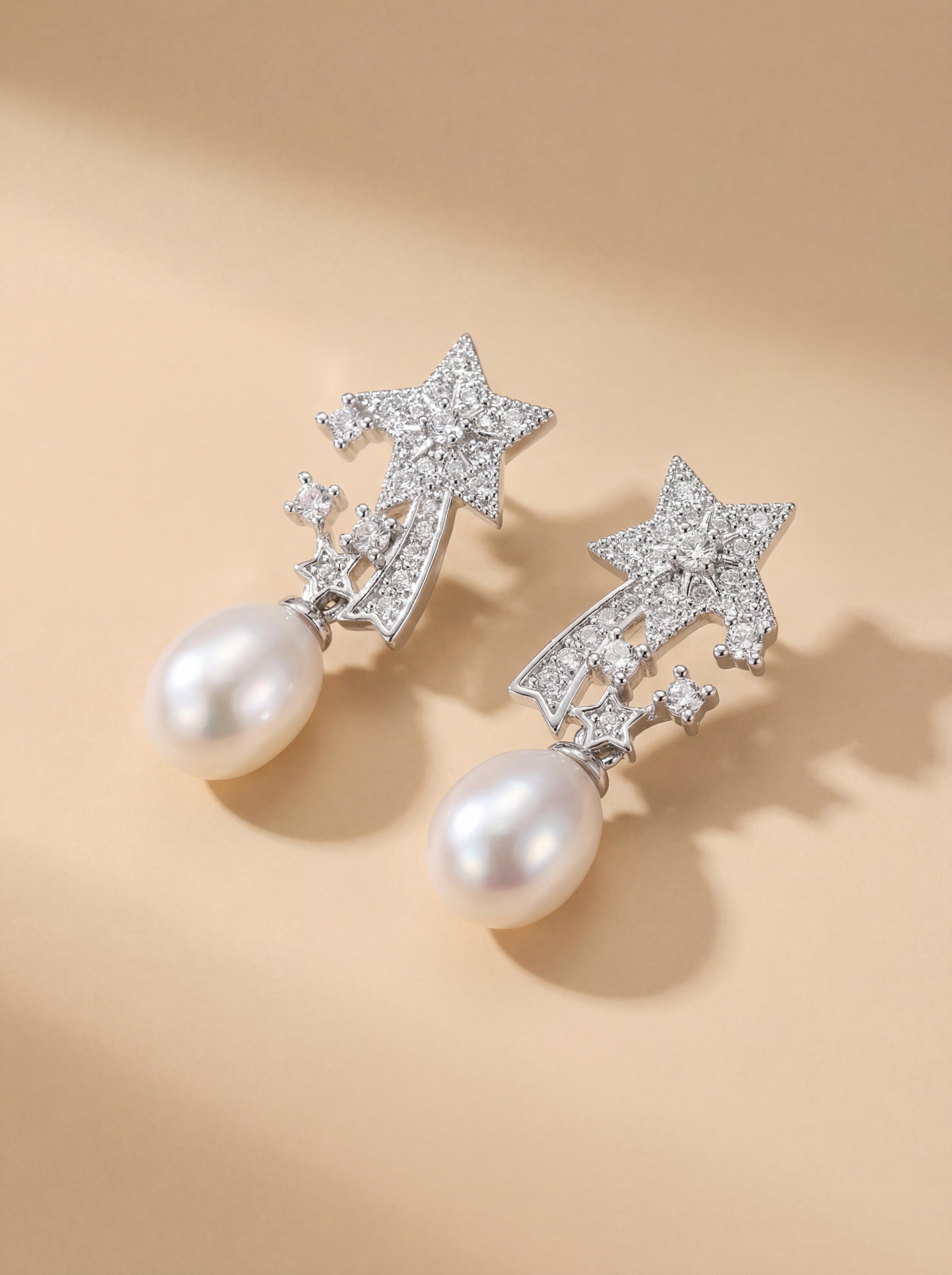 Star Trails Freshwater Pearl Earrings | 925 Silver Comet Studs for Daily Elegance
