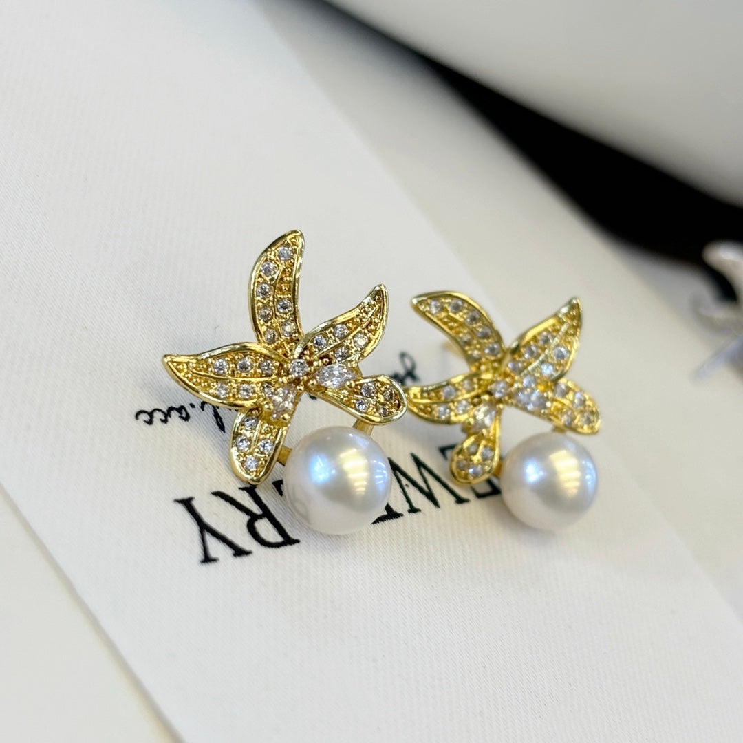 Lily Blossom Zirconia Earrings with Cultured Freshwater Pearl Yellow
