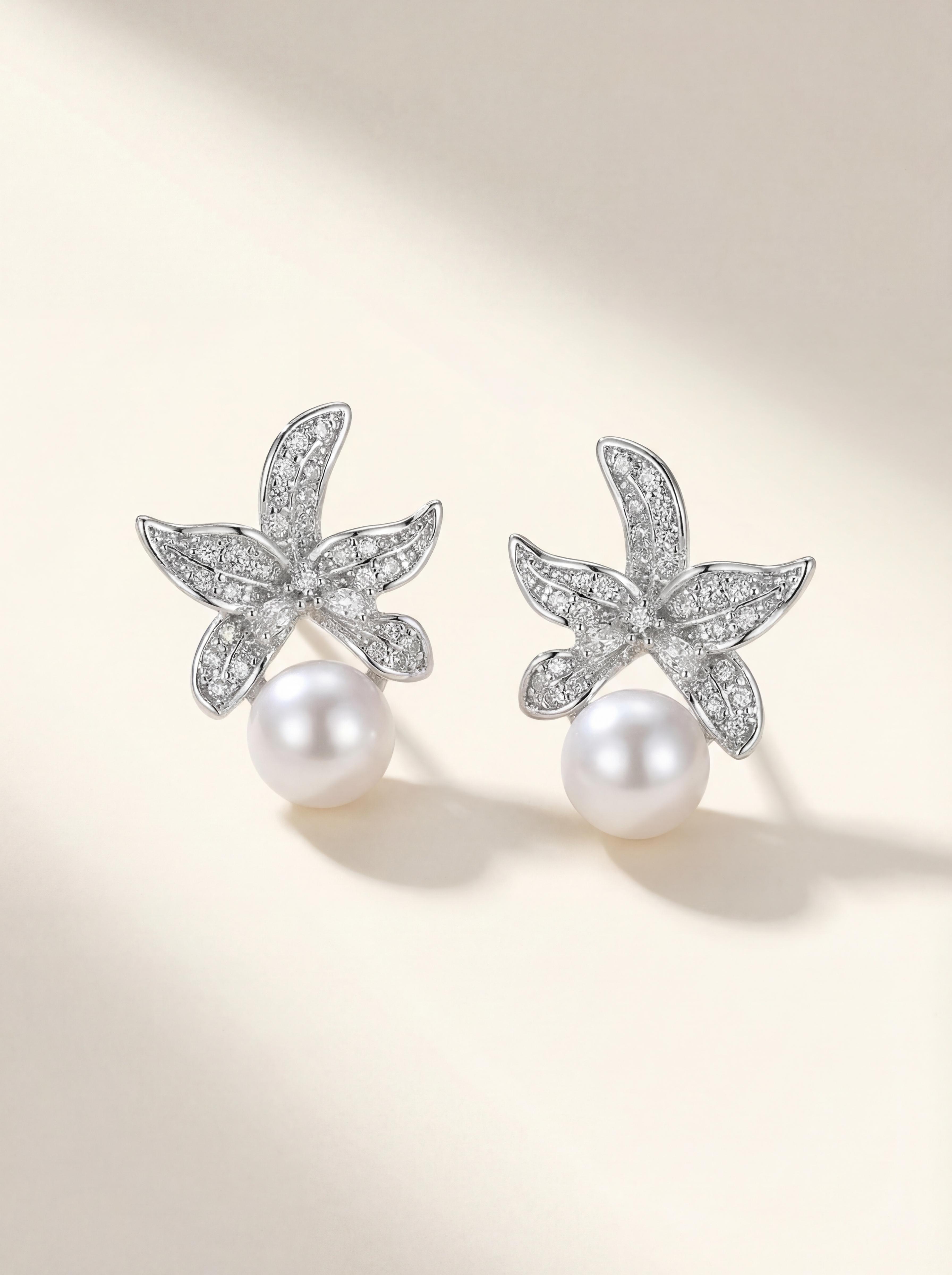 Lily Blossom Zirconia Earrings with Cultured Freshwater Pearl