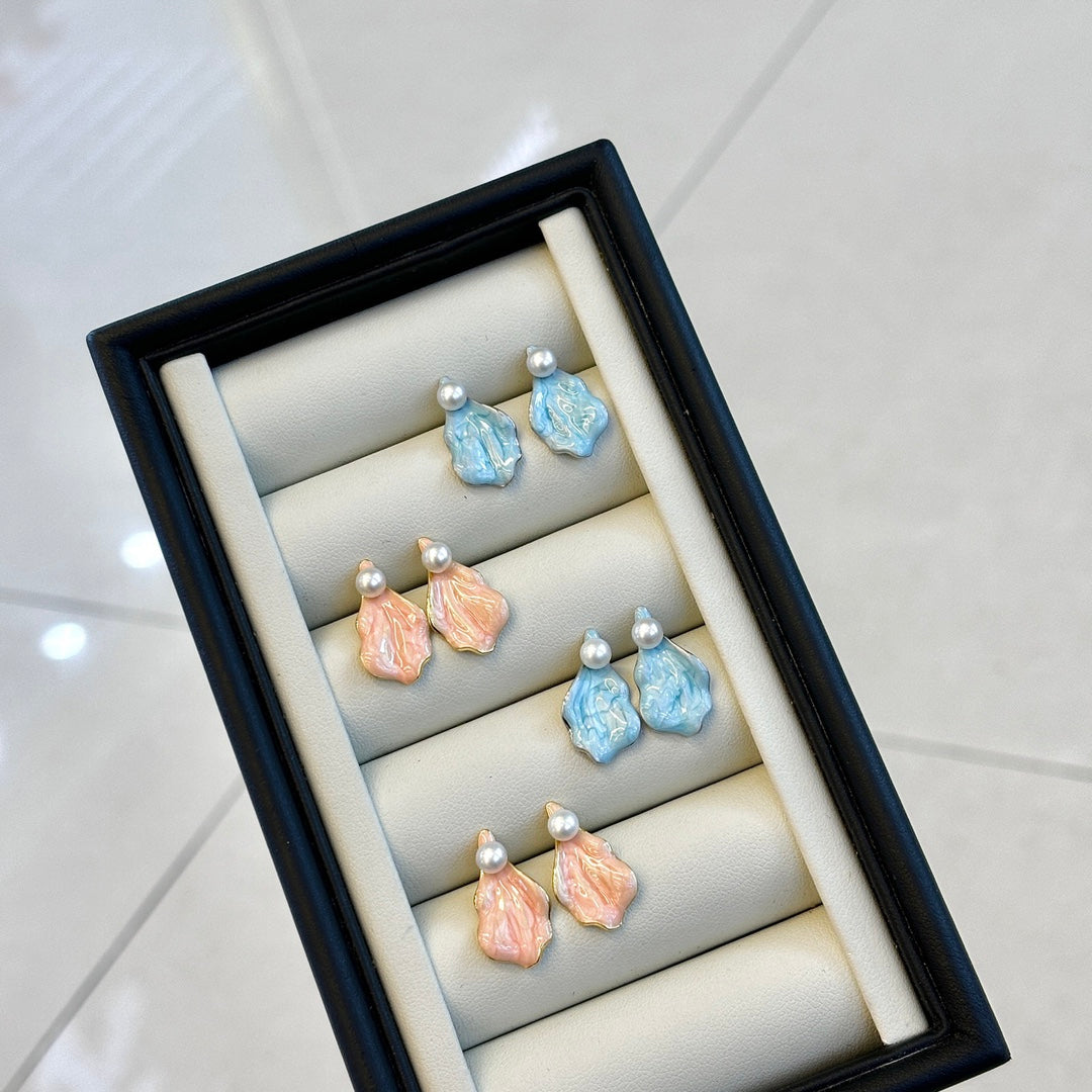 Enameled Petal Pearl Earrings | Summer's Whisper in Pink & Blue
