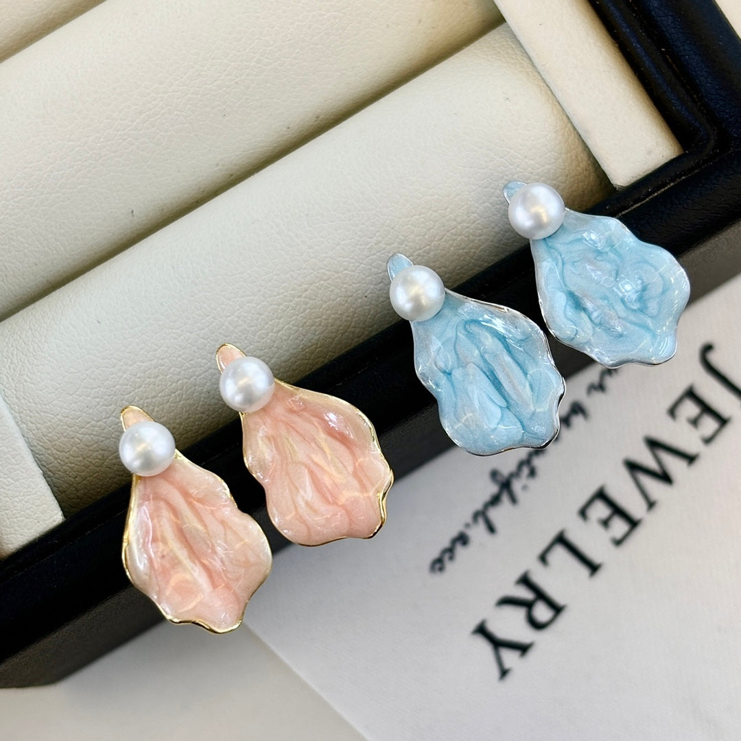 Enameled Petal Pearl Earrings | Summer's Whisper in Pink & Blue