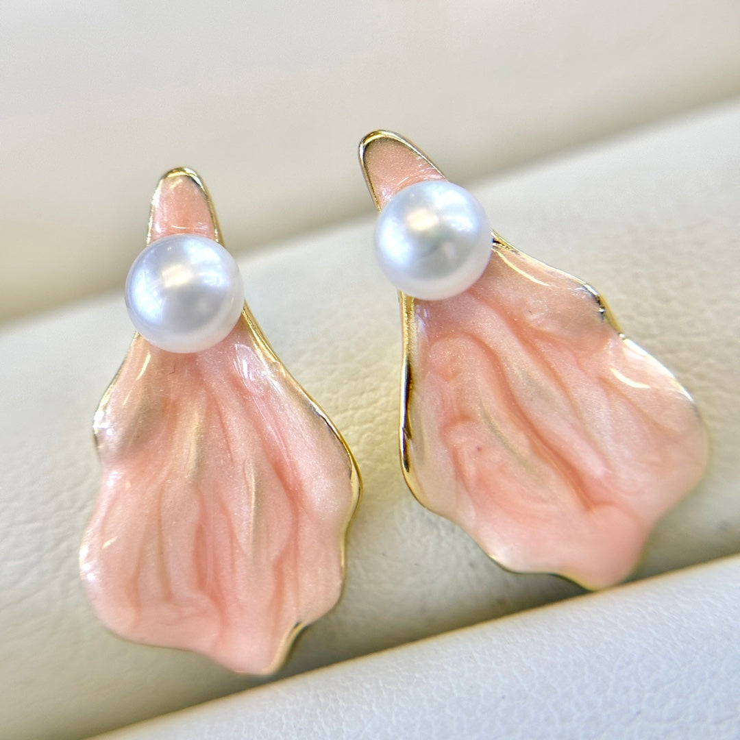 Enameled Petal Pearl Earrings | Summer's Whisper in Pink & Blue Pink