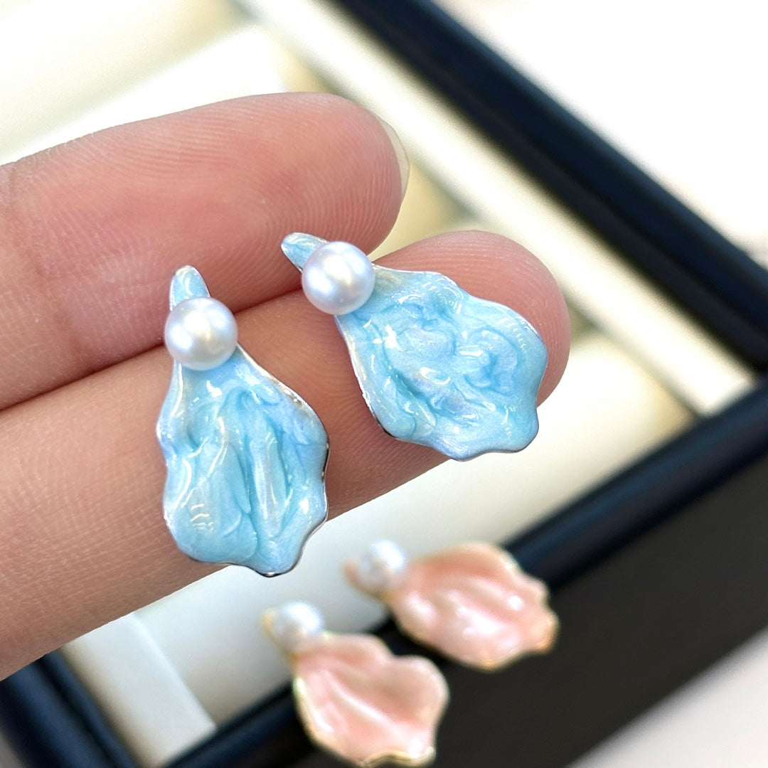 Enameled Petal Pearl Earrings | Summer's Whisper in Pink & Blue Blue