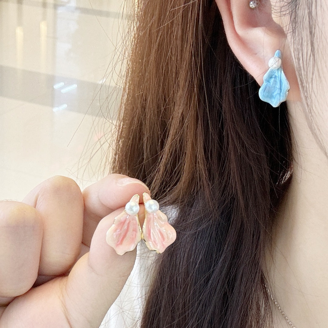 Enameled Petal Pearl Earrings | Summer's Whisper in Pink & Blue