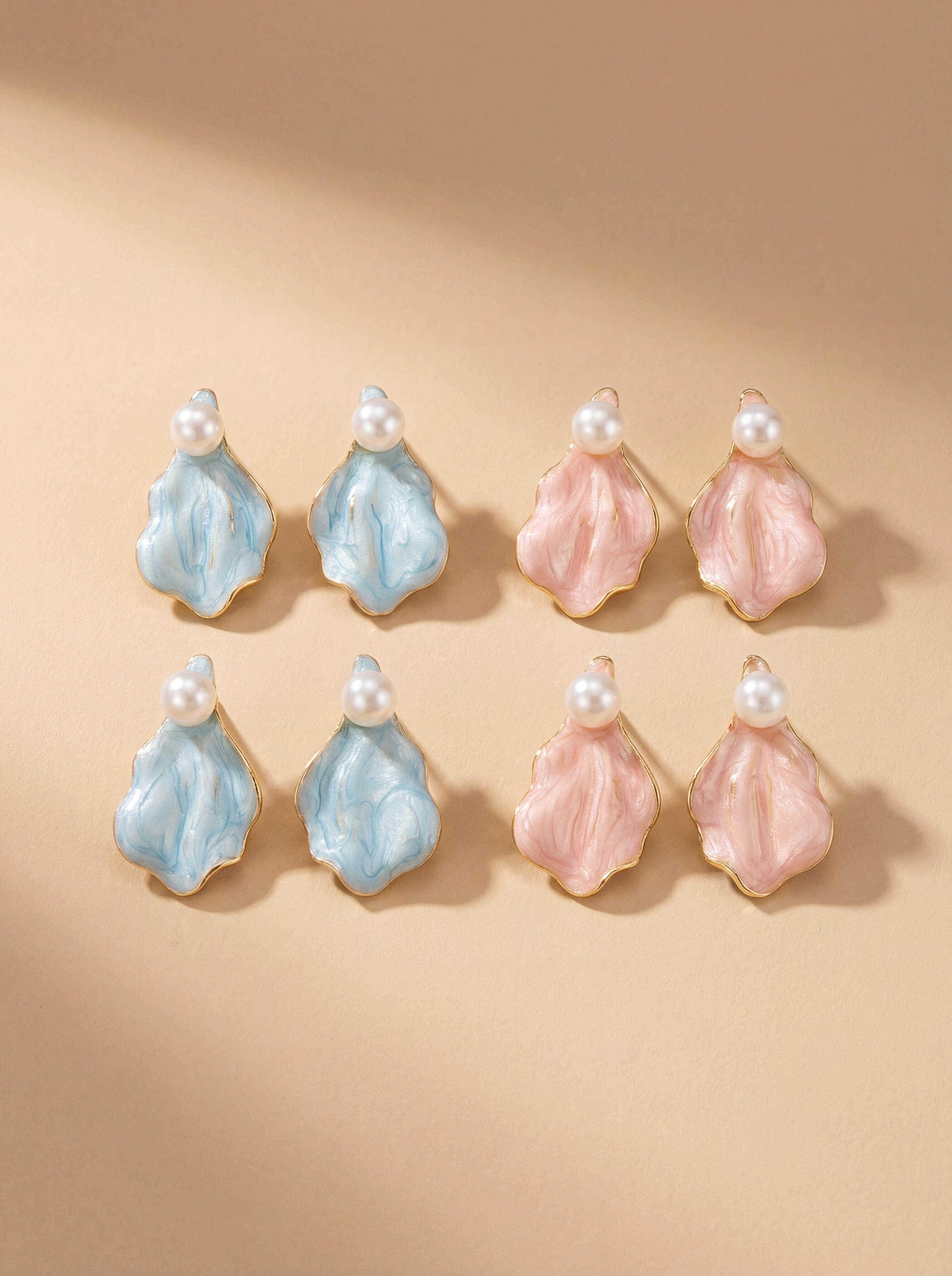 Enameled Petal Pearl Earrings | Summer's Whisper in Pink & Blue