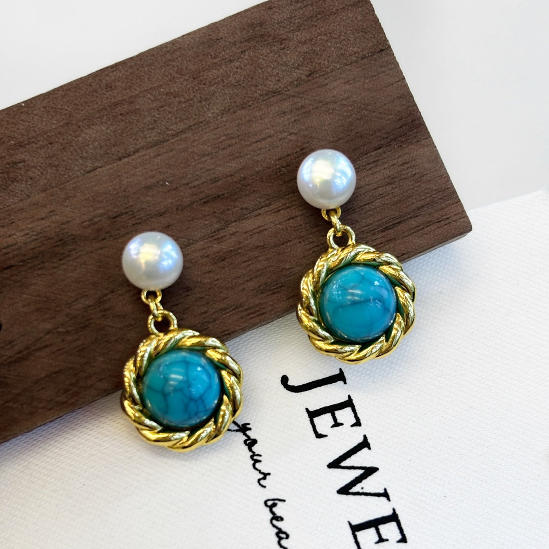 Vintage Knot Wild Freshwater Pearl Turquoise Stud Earrings
