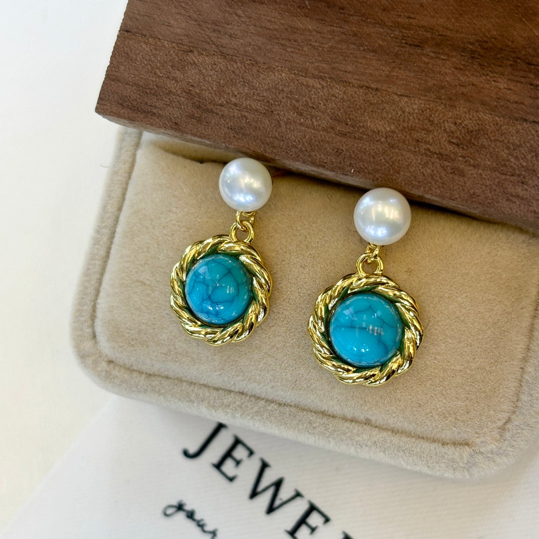 Vintage Knot Wild Freshwater Pearl Turquoise Stud Earrings
