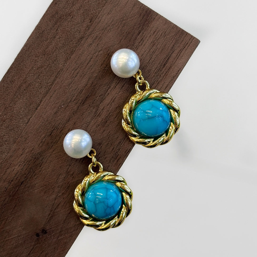Vintage Knot Wild Freshwater Pearl Turquoise Stud Earrings