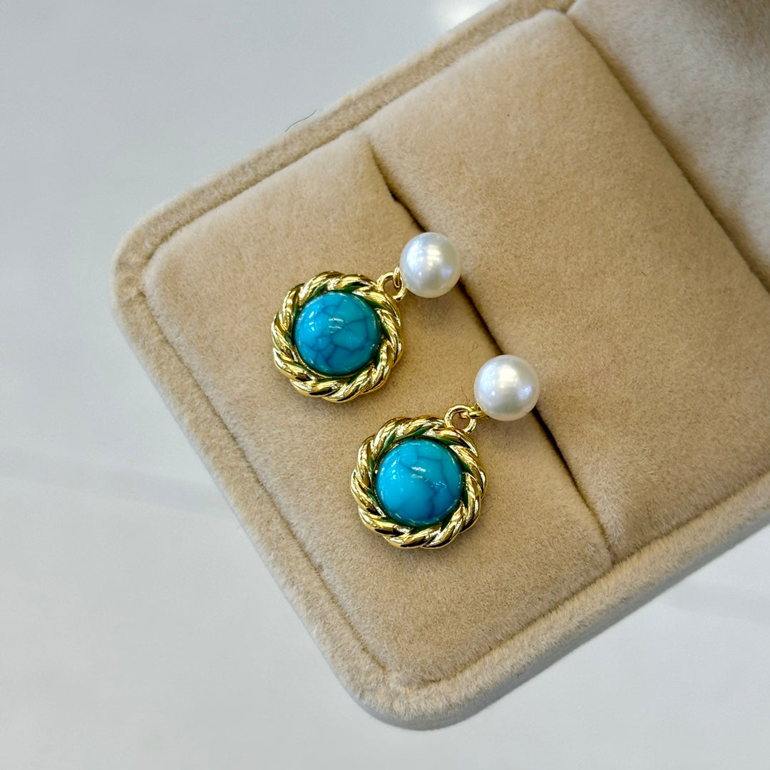 Vintage Knot Wild Freshwater Pearl Turquoise Stud Earrings