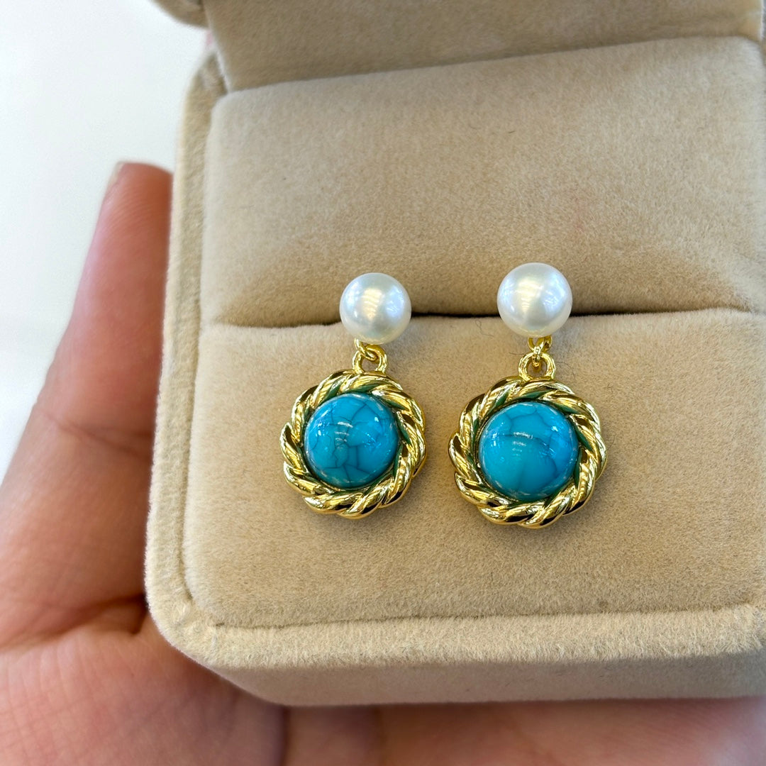 Vintage Knot Wild Freshwater Pearl Turquoise Stud Earrings