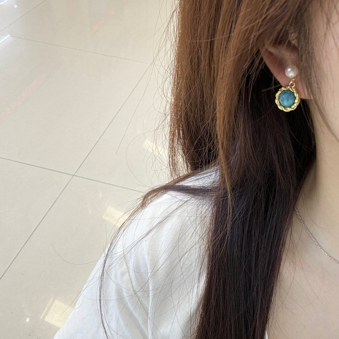 Vintage Knot Wild Freshwater Pearl Turquoise Stud Earrings
