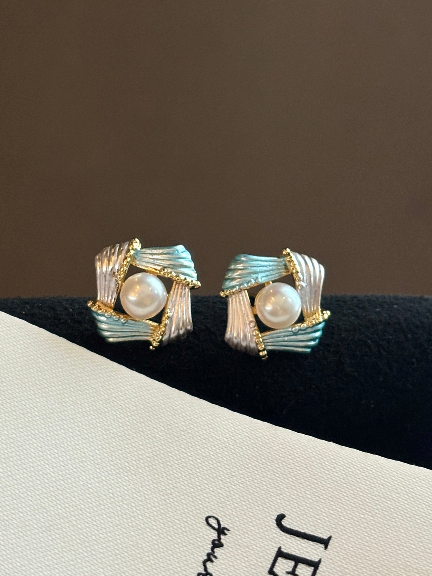 Vintage Enamel-Woven Pearl Earrings: Mediterranean Blue & Silver