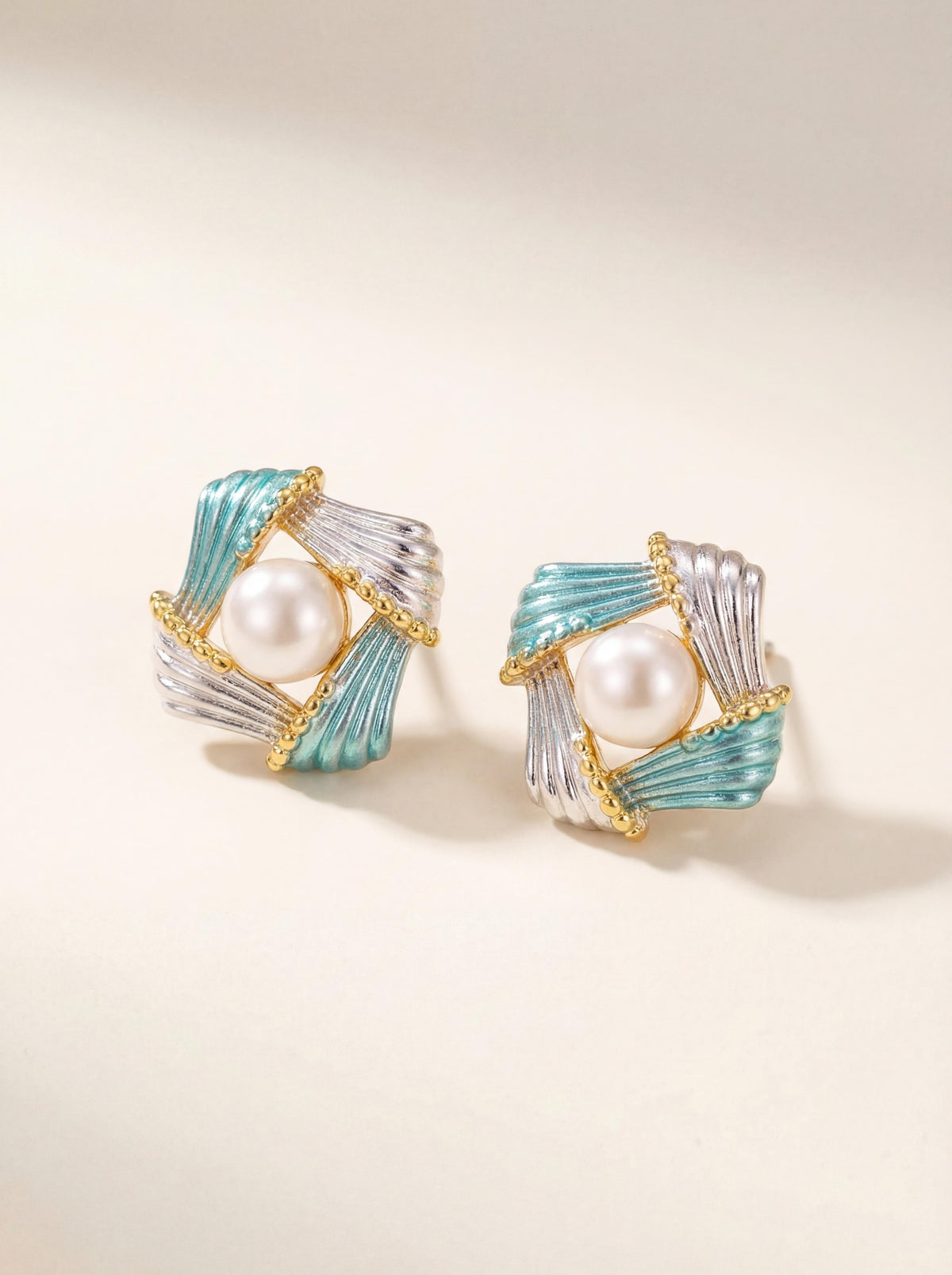 Vintage Enamel-Woven Pearl Earrings: Mediterranean Blue & Silver