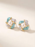 Vintage Enamel-Woven Pearl Earrings: Mediterranean Blue & Silver