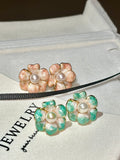 Impressionist Pearl Earrings: Dual-Tone Enamel Flowers with Handcrafted Freshwater Pearls