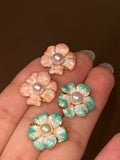 Impressionist Pearl Earrings: Dual-Tone Enamel Flowers with Handcrafted Freshwater Pearls