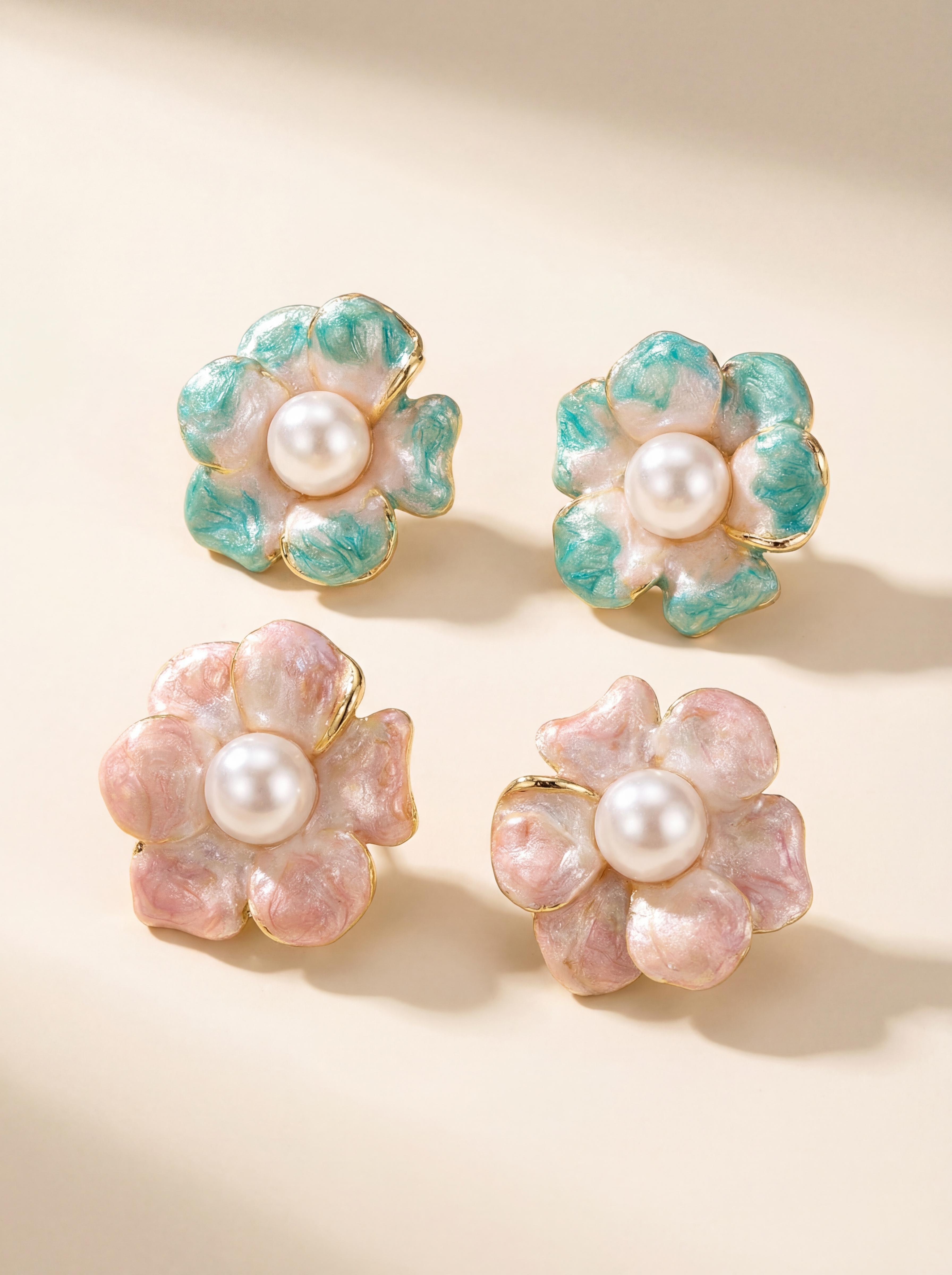 Impressionist Pearl Earrings: Dual-Tone Enamel Flowers with Handcrafted Freshwater Pearls
