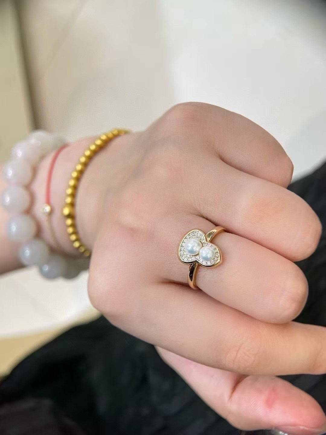 Naturally Radiant Double Pearl Heart Ring - Elegant 18K Gold & Diamond Setting