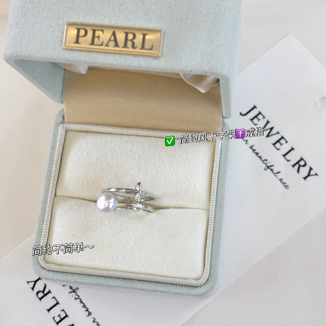 Silver Cross Pearl Ring Vintage Design Adjustable Band Boho Style